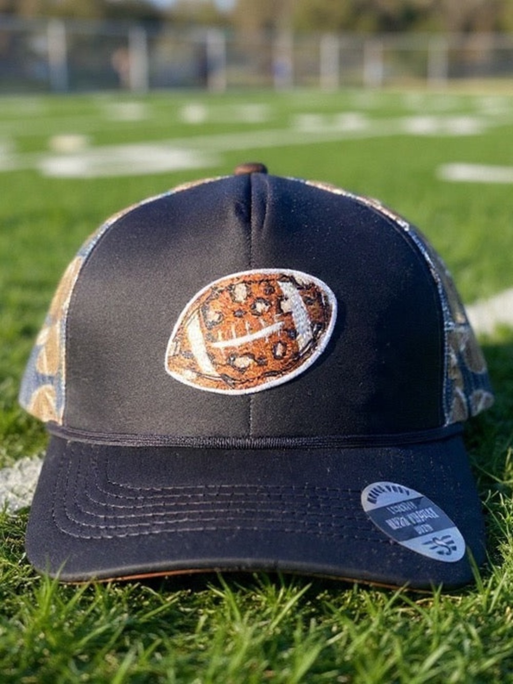 Black Football Magna Pony Mesh Foam Trucker Hat - Leopard
